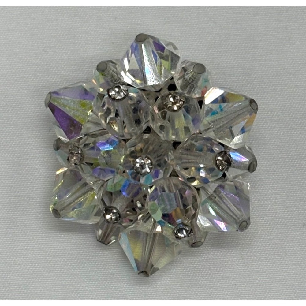 Vintage Aurora Borealis‎ Glass Crystal Beaded Round BROOCH PIN